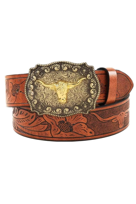 Western Belt for Women Men Cowboys Cowgirls Carving Leather Country Belts Bullhead Buckles