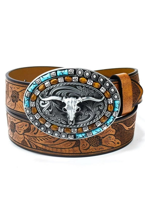 Western Belt for Women Men Cowboys Cowgirls Carving Leather Country Belts Bullhead Buckles