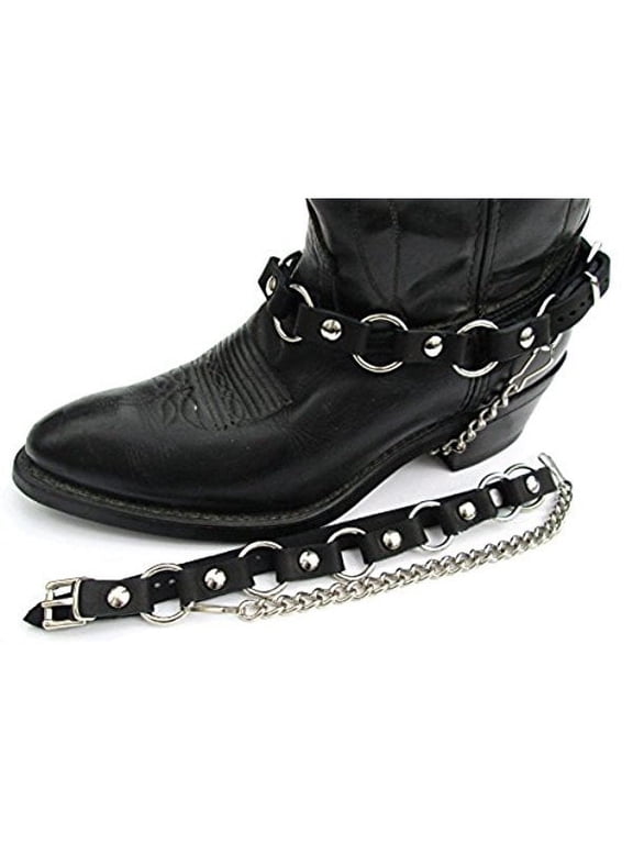 Western/Biker Boot Harness Chains Metal Rings, Black Leather