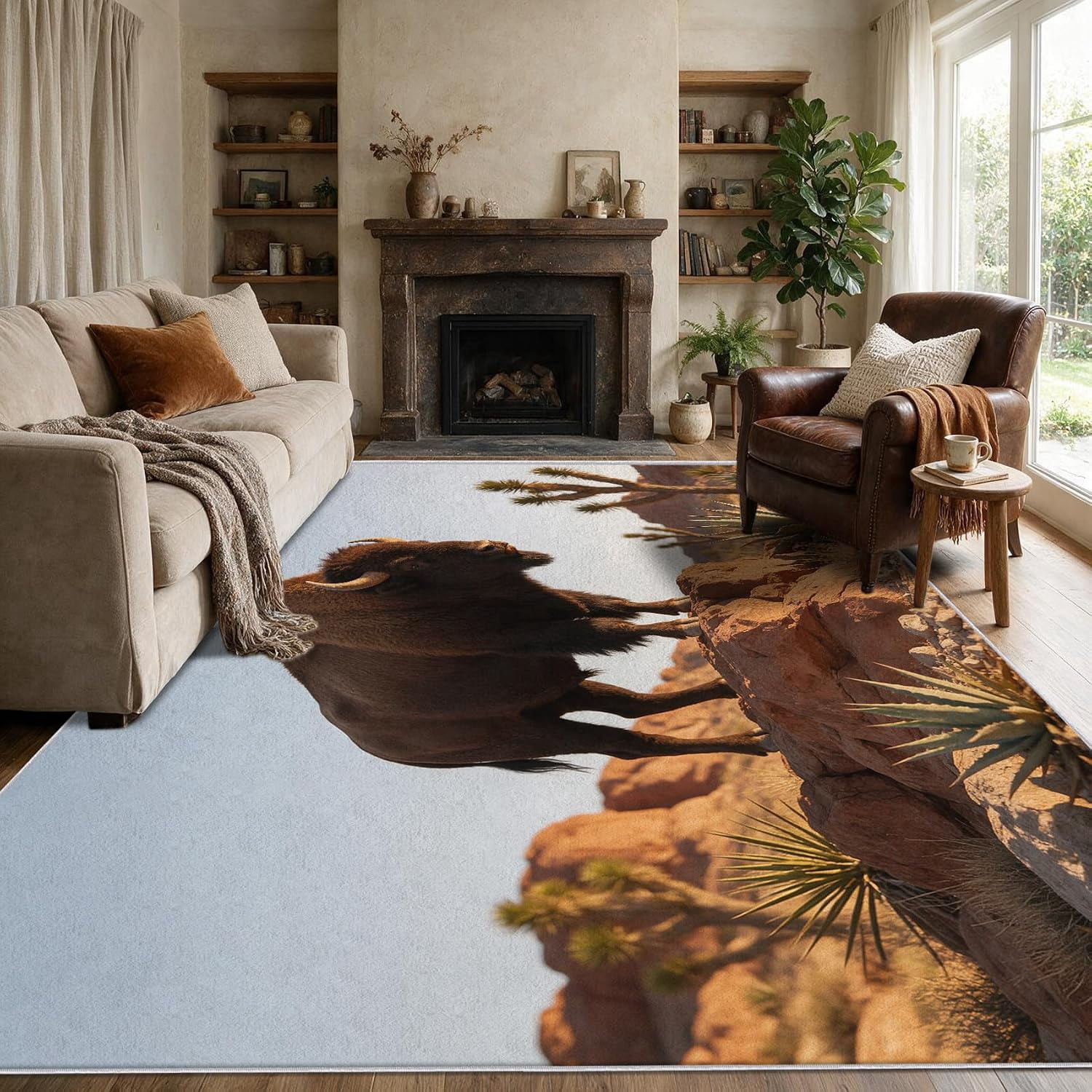 Sw Pattern Rugs Western Bison Area Rugs, Southwestern Buffalo Pattern Carpet, Washable ...