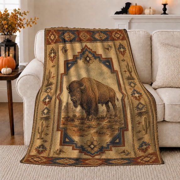Western Bison Arid Landscape Halloween Pumpkins Black Cat, Cozy Pet Portrait Pattern, Warm Flannel Blanket for Cabin and Lodge, Cat Lovers Halloween Gift, Pet Lover Home Decor