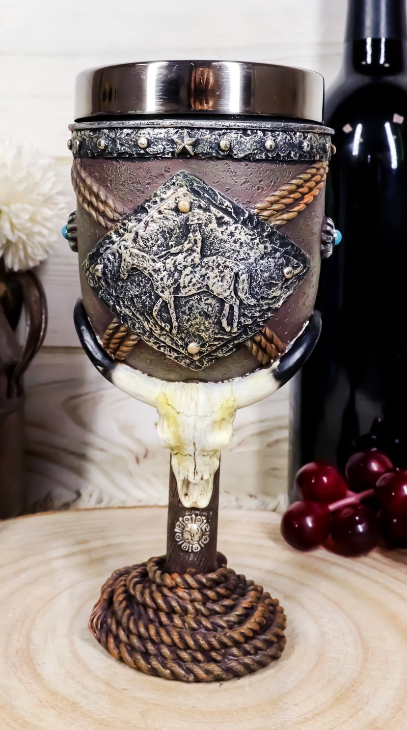 Western Bison Steer Skull With Lasso Ropes Cowboy On Horse Wine Goblet  Chalice - Walmart.com