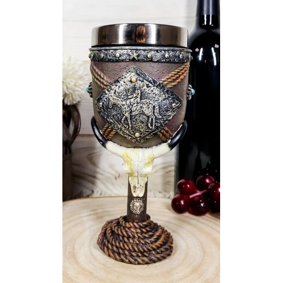 Western Bison Steer Skull With Lasso Ropes Cowboy On Horse Wine Goblet Chalice