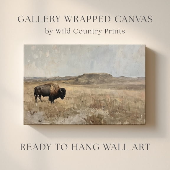 Western Bison Wall Art Print, Vintage Buffalo Wildlife Mountain Landscape Decor