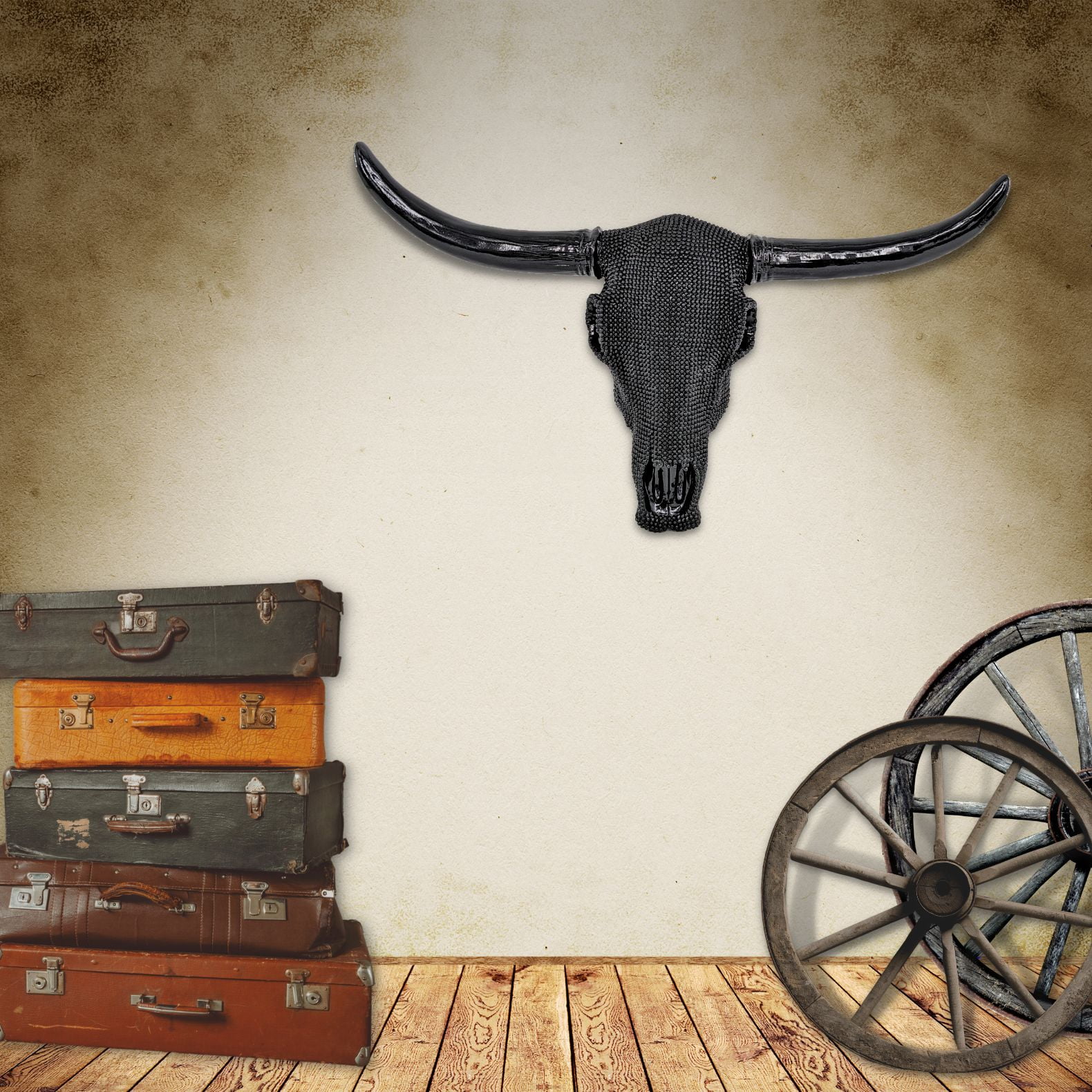 Western Black Beaded Longhorn Bull Steer Head Skull Hunting Cabin Wall