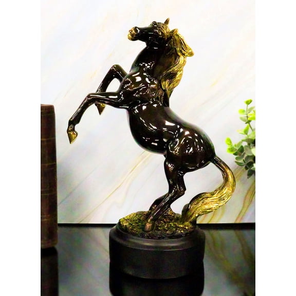 Western Black Beauty Rearing Horse In Bronze And Gold Resin Figurine With Base