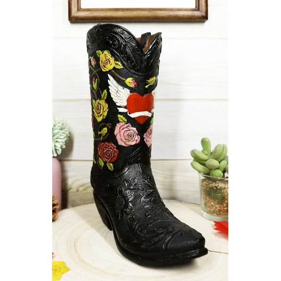 Western Black Cowboy Boot With Vine Roses And Angel Winged Heart Vase Sculpture