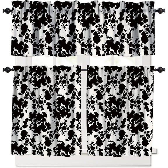 Western Black Cowhide Print Window Valance,Retro Home Bedroom Living Room Animal Cowhide Pattern Valance 3 Sets,Black White