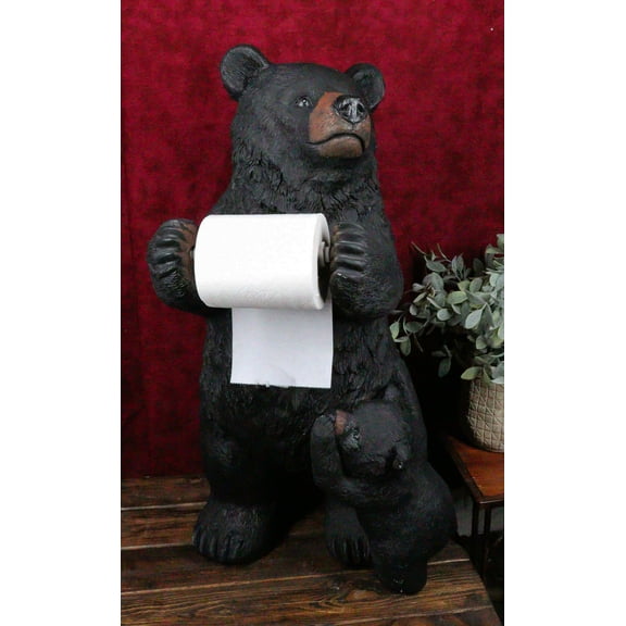 Western Black Mother Bear With Cub Toilet Paper Holder Floor Standing Figurine