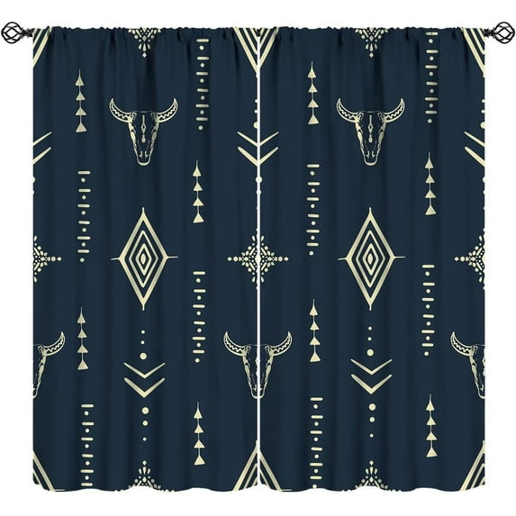 Western Blackout Curtains Bull Skull Boho Aesthetic Aztec Navy Blue Abstract Art Bedroom Living Room Kitchen Rod Pocket Decoration Window Drapes 2 Panels W21xL54in