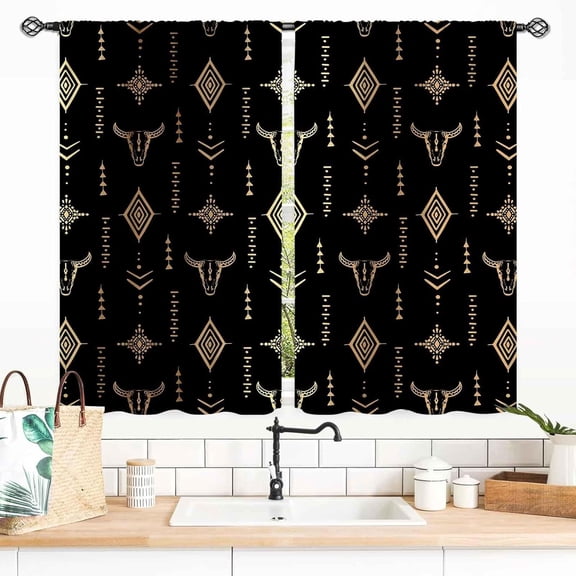 Western Blackout Curtains, Southwest Tribal Aztec Bull Skull Cowboy Theme Rustic Rural Western Boho Small Short Curtains for Bedroom Living Room Kitchen Decor Drapery Treatments 2 Panels, 55x39 Inch