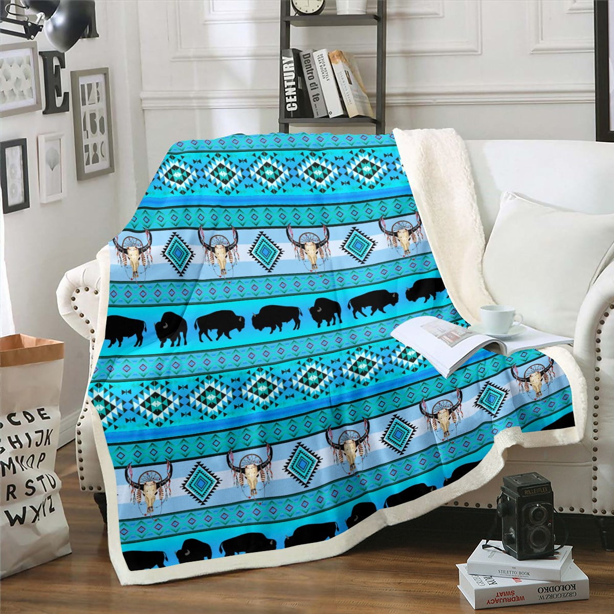 Western Blanket 40"x50",Longhorn Skull Southwestern Throw Blanket Aztec Fleece Blanket Highland