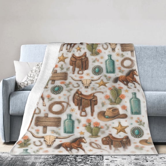 Western Blanket Cowboy Horse Boot Hat Cactus Soft Cozy Throw Blanket Gift for Men Women 50x40