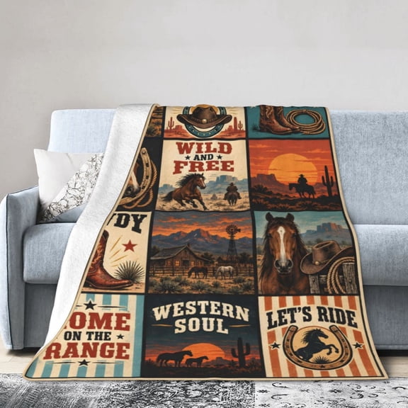Western Blanket Horse Cowboy Boot Hat Soft Cozy Throw Blanket Gift for Men Women 50x40