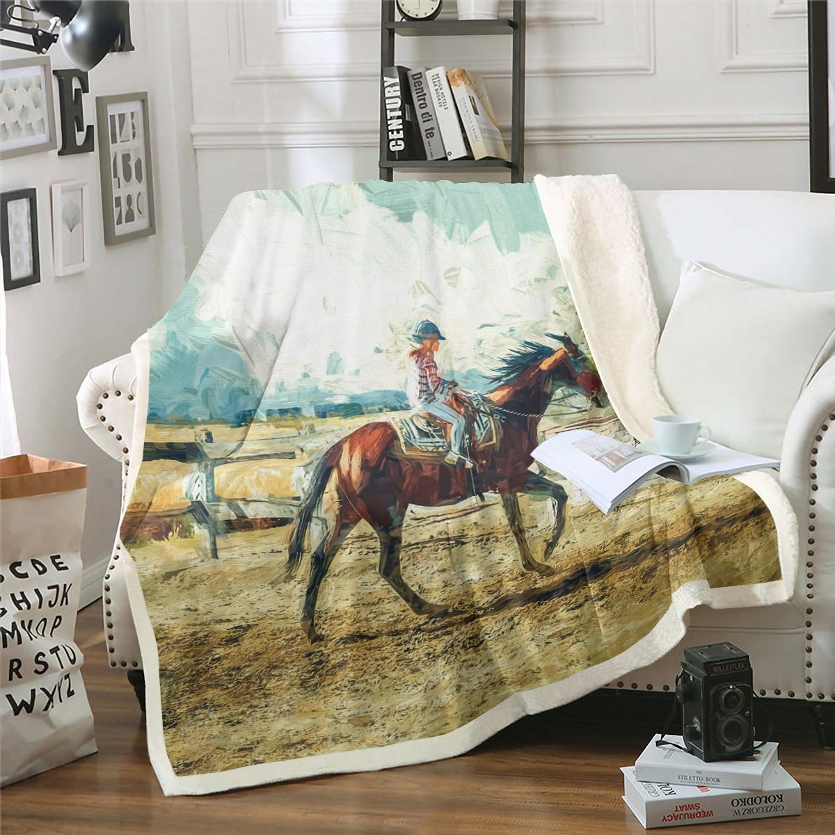 Western Blanket Queen Size,Rustic Farmhouse Cowboy Throw Blanket,Oil Painting Style Fleece