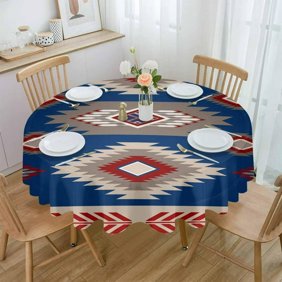 Western Blue Red Round Tablecloth 60 Inch - Waterproof Fabric Table Cloth Protector, Southwest Ethnic Boho Geometric Abstract Tablecloths Washable Table Cover for Kitchen Banquet Party