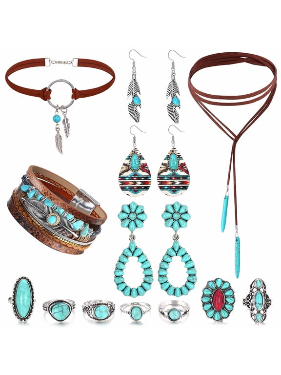 Western Bohemian Jewelry Set for Women - Turquoise Faux Leather Cuff Bracelet, Pendant Choker Necklace, Hoop Dangle Earrings, and Joint Knuckle Rings