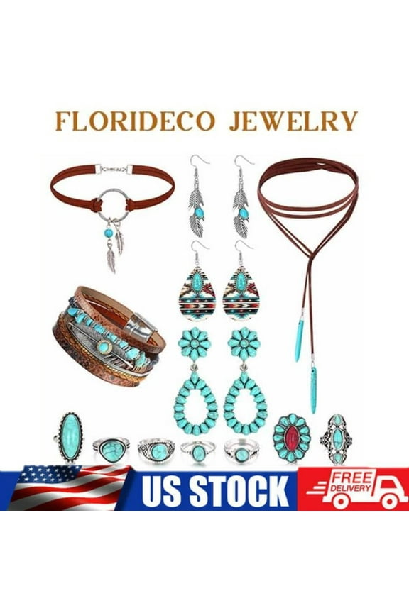 Western Bohemian Turquoise Jewelry for Women Bracelet Pendant Choker Earrings