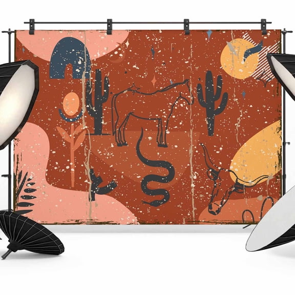 Western Boho Backdrop for Photoshoot,Photography Photo Studio Background Wall Backdrop,Vintage Abstract Horse Cactus Plant Orange Back Drop Banner Panel for Portraits Wedding Live Streaming 7x5Ft