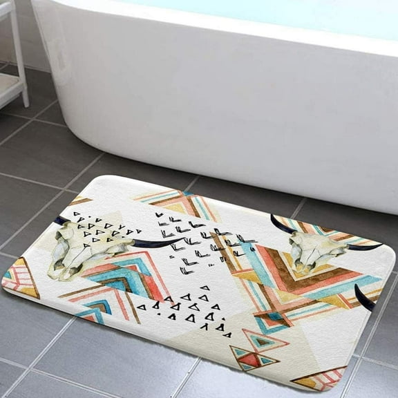 Western Boho Bathroom Rug, Non Slip Bath Mat with Design Southwestern Native Trible Bull Skull Bohemian Geometric Pattern Bathroom Accessories Shower Mat Kitchen Rug (19X31)