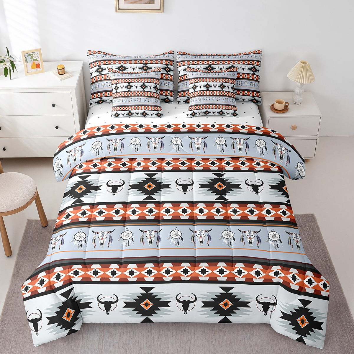 Western Boho Bed in a Bag King Size Comforter Set 7 Pieces,Bull Skull ...