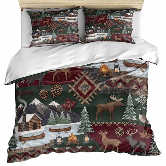 Western Boho Bedding 3 Piece Duvet Cover Set Twin Size, Farmhouse Country Rustic Chic Wild Nature Cabin Deer Microfiber Comforter Cover with Zipper Closure & Pillowcases, FadeResistant Quilt Cover