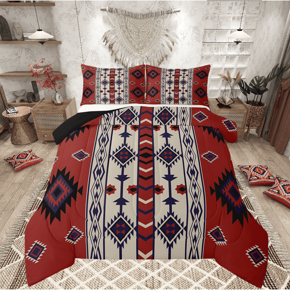 Western Boho Bedding Sets Queen Vintage Red Brown Aztec Quilt Set American Southwestern Comforter Set Adults Men,Southwest Tribal Geometric Diamond Bed Duvet Set