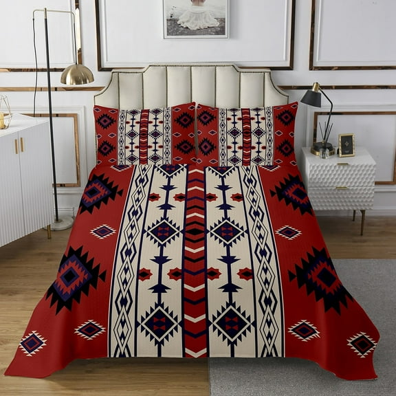 Western Boho Bedspread Sets Twin Vintage Red Brown Aztec Coverlet Set American Southwestern Quilt Set Adults Men,Southwest Tribal Geometric Diamond Bed Set