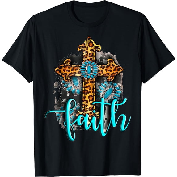 Western Boho Christian Turquoise Leopard Faith Cross Jesus T-Shirt Black 4X-Large