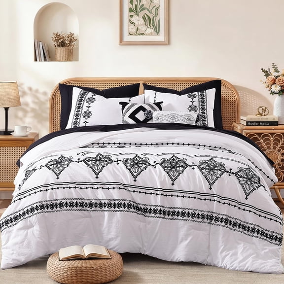 Western Boho Farmhouse Embroidered Comforter Bed in a Bag 7 Pieces Bedding Set, Aztec Geometric Embroidery Bedding with Comforter, Sheets, Pillowcases & Shams