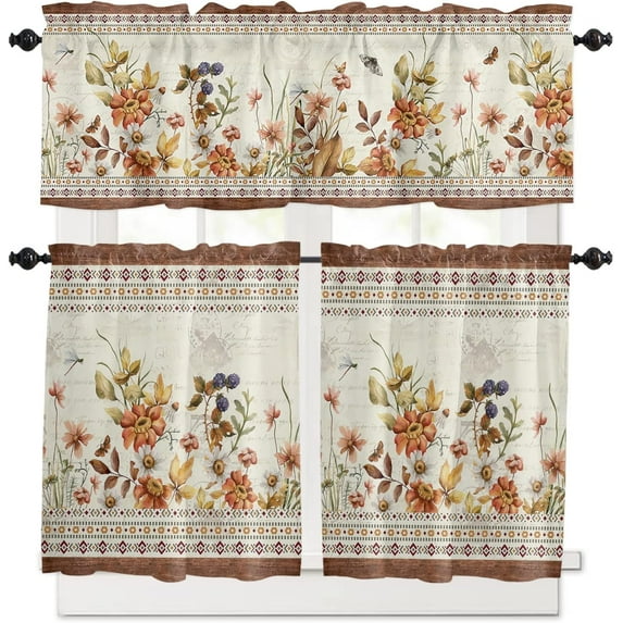 Western Boho Kitchen Curtains Valances and Tier Set, 3 Pieces Rod Pocket Tiers Curtain Vintage Rural Plants Flowers Leaf Small Window Valance Sets Treatment Drapes Wood Grian