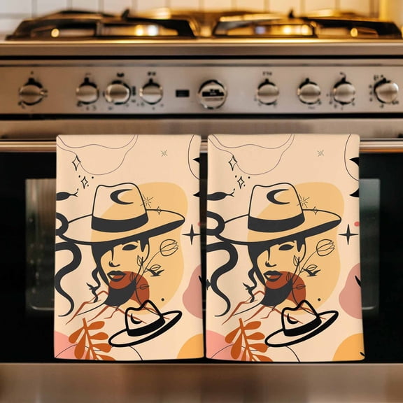 Western Boho Kitchen Towels Set of 1, Vintage Cowboys Abstract Cactus Plant Beige Absorbent Dish Towels for Kitchen, Microfiber Hand Towel, Quick Drying Tea Towel for Cleaning Decorative Dishcloths