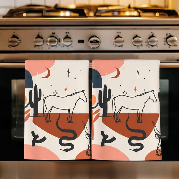 Western Boho Kitchen Towels Set of 3, Modern Abstract Horse Cactus Plant Offwhite Absorbent Dish Towels for Kitchen, Microfiber Hand Towel, Quick Drying Tea Towel for Cleaning Decorative Dishcloths