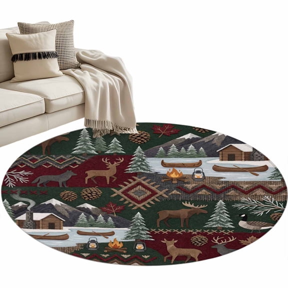 Western Boho Large Area Rugs for Bedroom Living Room, Soft Non Slip Carpet Bedside Rug, Farmhouse Country Rustic Chic Wild Nature Cabin Deer Round Floor Cover Kitchen Accent Rug 3' for Office