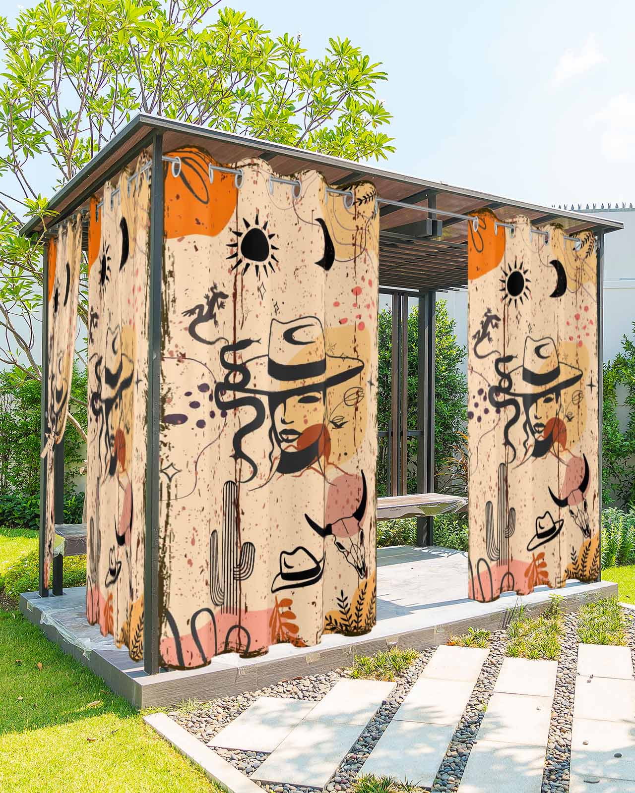 Western Boho Outdoor Curtains for Patio, Vintage Cowboys Abstract Cactus Plant Brown Privacy Drapes Grommet Waterproof Outside Curtains for Porch/Cabana/Balcony 54"x 84", 1 Panel