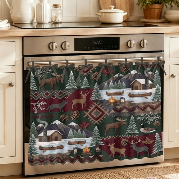 Western Boho Oven Skirt Curtain 30"Wx21.5"L,Waterproof Ruffled Stove Cover Skirt with 8 Ribbon Ties,Farmhouse Country Rustic Chic Wild Nature Cabin Deer Decorative Oven Door Curtains for Kitchen
