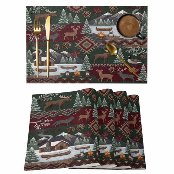 Western Boho Placemats Set of 2,Cotton Linen Fabric Place Mats,Farmhouse Country Rustic Chic Wild Nature Cabin Deer Decorative Table Mats Protector for Home Kitchen Dining Wedding Party Coffee Tables