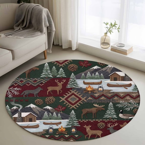 Western Boho Round Area Rug 3Ft Small Circle Rugs for Kitchen Entryway, Farmhouse Country Rustic Chic Wild Nature Cabin Deer Non-Slip Carpet Floor Mats Indoor Outdoor Carpet Runner Home Decor