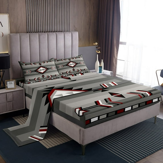 Western Boho Sheet Set Twin Southwestern Aztec Bed Sheets Bohemian American Bedding Men,Exotic Tribal Geometric Farmhouse 1 Fitted Sheet 1 Flat Sheet 1 Pillow Case