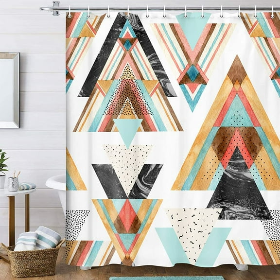 Western Boho Shower Curtain, Abstract Watercolor Geometric Southwestern Native Ethnic Aztec Shower Curtain for Bathroom, Triangles Doodle Black Marble Bath Curtain, Bohemian Fabric Shower Curtain 70IN