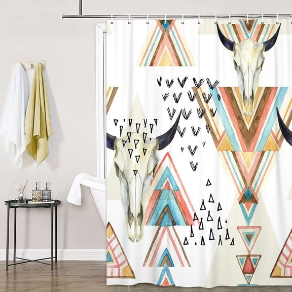 Western Boho Shower Curtain Native Aztec Tribal Bull Skull Southwestern Cow Bohemian Geometric Pattern West Bathroom Decor Aztec Shower Curtain with Hooks,72X72