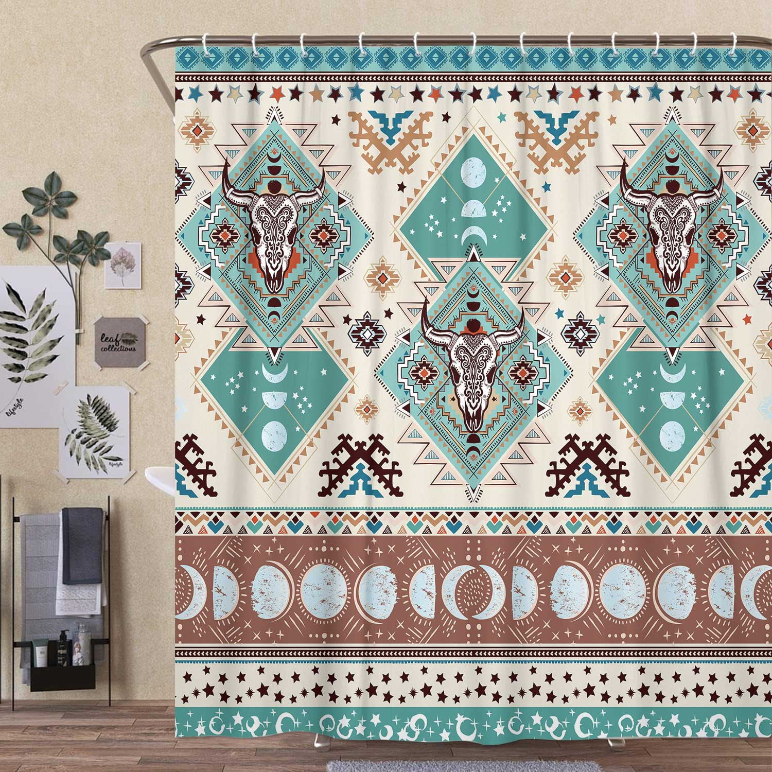 Western Boho Shower Curtain, Southwestern Pattern Bull Fabric Shower ...