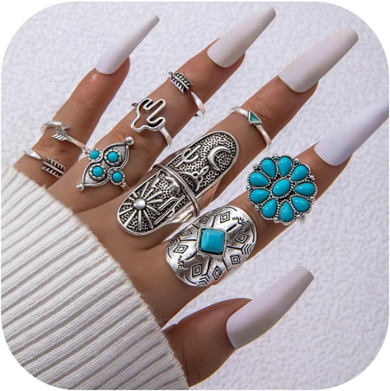Western Boho Stackable Rings for Women - Non Tarnish Gold Turquoise ...