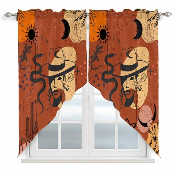 Western Boho Swag Curtains for Living Room/Bedroom, Vintage Cowboys Abstract Cactus Plant Orange Swag Kitchen Curtain Valances for Windows, Tier Topper Scalloped Curtain 2 Panels, 72"W x 36"L