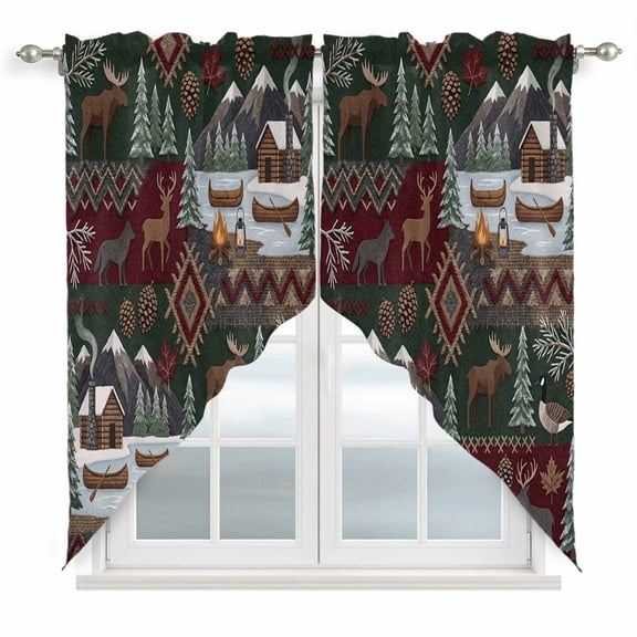 Western Boho Swag Valances for Windows, Kitchen Curtains 36 Inch Length 2 Panels Set, Farmhouse Country Rustic Chic Wild Nature Cabin Deer Short Curtains for Small Windows Cafe Curtains 28"x36"