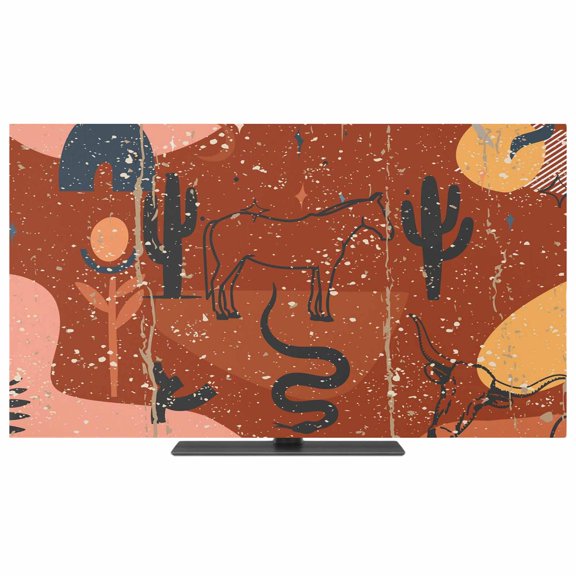 Western Boho TV Dust Cover,Stretchable TV Screen Desktop Computer Protector Cover,Vintage Abstract Horse Cactus Plant Orange Television Dustproof Slipcover for 19–24 Inch Flat or Curved TVs