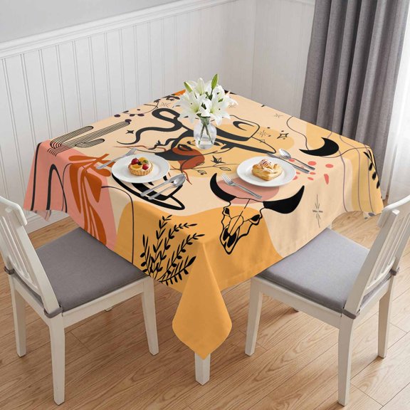 Western Boho Table Cloth Waterproof Tablecloths, Vintage Cowboys Abstract Cactus Plant Beige Tablecloth Dining Table Cover for Kitchen Party Tabletop Outdoor, Square Tablecloth 54x54 Inch