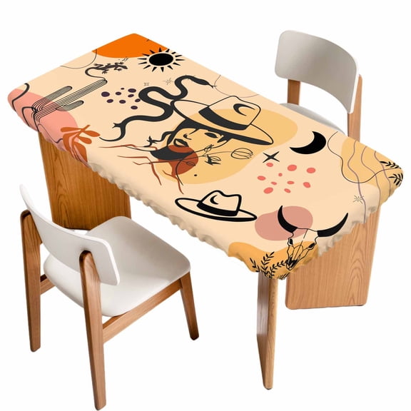 Western Boho Table Cloths for 4 Foot Rectangle Tables, Vintage Cowboys Abstract Cactus Plant Beige Patio Waterproof Elastic Fitted Tablecloths, Washable Rectangular Table Cover for Camping