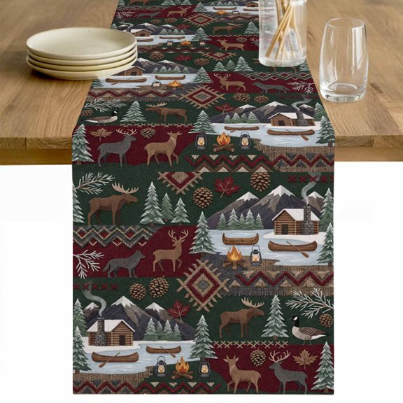 Western Boho Table Runner - 36 Inch Long Farmhouse Country Rustic Chic Wild Nature Cabin Deer Cotton and Linen Blended Dress Scarves Farmhouse Table Runner for Kitchen Dining, Coffee Table, 13" x 36"