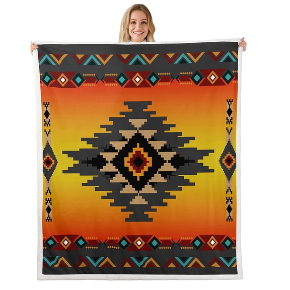 Western Boho Throw Blanket 90"x90",Aztec Fleece Blanket Arrow Blanket Rustic Home Decor Bohemian Stripes Western Room Decor for Teen ,Orange Grey Southwestern Decor